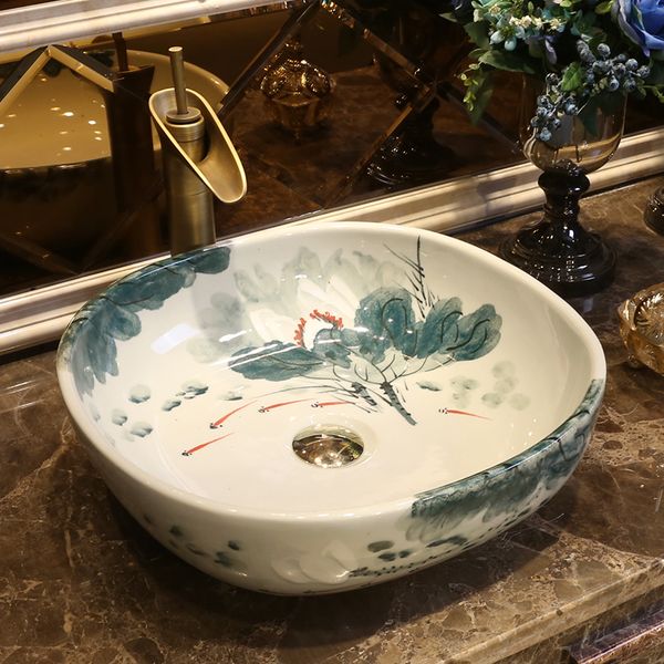 Lotus Europe Vintage Style peinture à la main Art comptoir salle de bain rond porcelaine blanche vasque en céramique