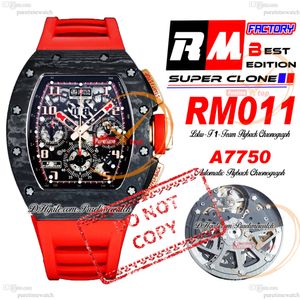 Lotus-F1-team 011 Automatische flyback ETA A7750 Chronograph Mens Watch RMF NTPT Carbon Rose Gold Black Skeleton Dial Red Rubber Strap Super Edition Puretime Reloj Ptrm Ptrm