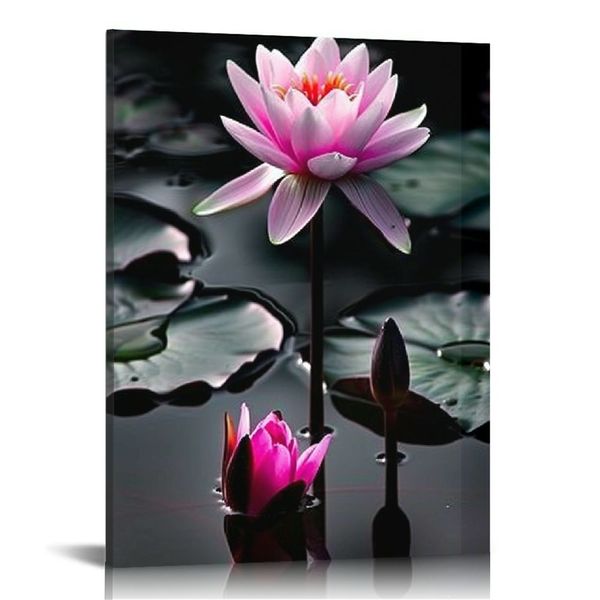 Lotus Flower Canvas Art Wall Black Blanc et Lys d'eau rose Impressions Impressions Zen Floral Oeuf pour Yoga Spa Salle Decor de salle de bain