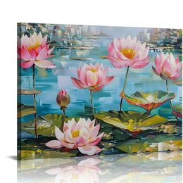 Lotus Flower Canvas Wall Art Blooming Water Lily Picture Pictures Zen Meditation aquarelle Oeuvre pour salle de bain Spa Spa Salle