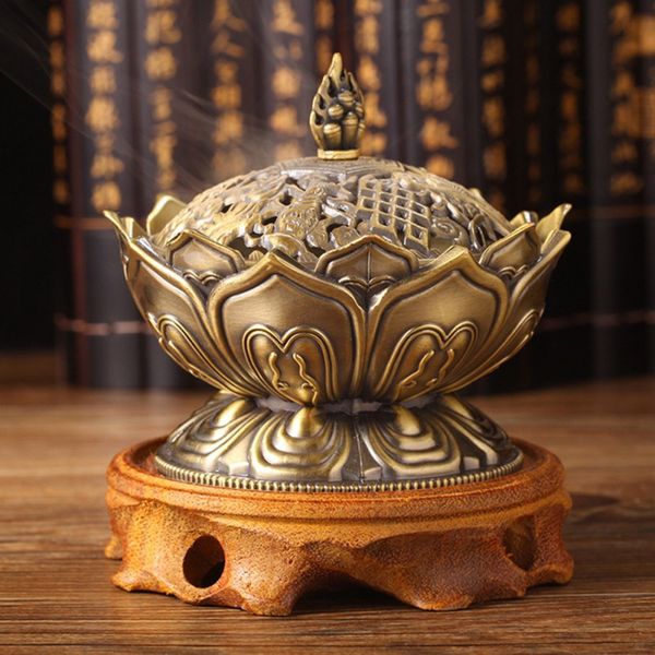 Brûleur d'encens fleur de Lotus en alliage de Zinc-cuivre, porte-encens bouddha chinois, encensoir en laiton et bois de santal