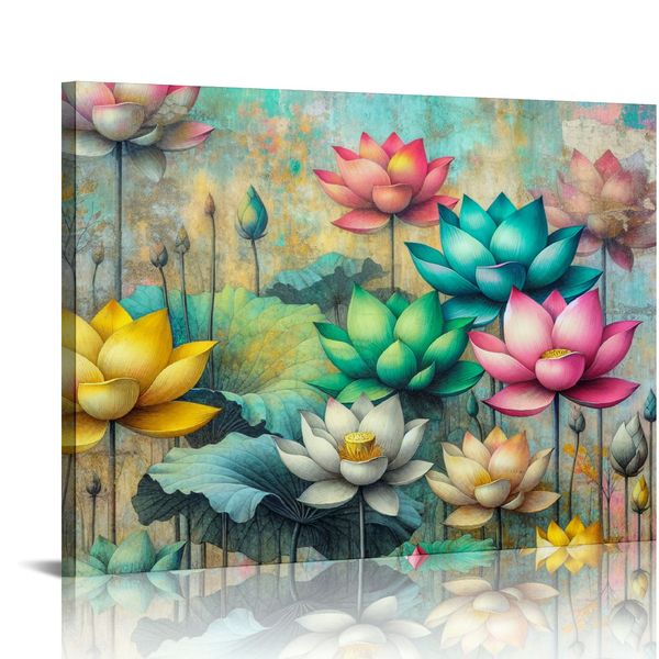 Art mural de fleur de lotus pour le salon, décoration murale en toile florale pour chambre, peinture imprimée vintage en turaille, œuvres d'art colorées pour la maison, décoration d'image esthétique