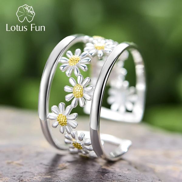 Lotus Fun élégant petite marguerite fleur anneaux réglables pour les femmes réel 925 en argent Sterling Original luxe 18K or bijoux fins 240108