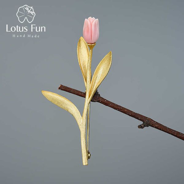 Lotus Fun Eternal Love Tulip Flower Broches Real 925 Sterling Silver 18K Gold Handmade Design Fine Jewelry Gift for Women 210628