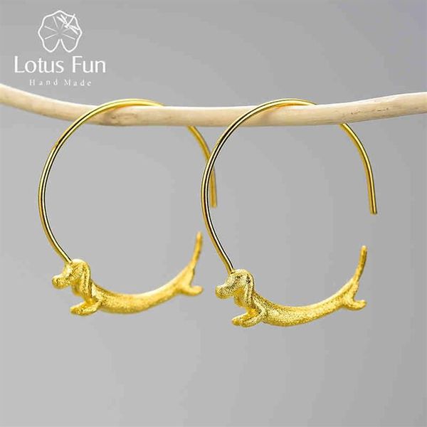 Lotus Fun belle teckel volant chien grand rond boucles d'oreilles réel 925 en argent Sterling 18K or boucles d'oreilles pour les femmes bijoux 210507263O