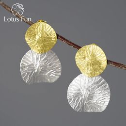 Lotus Fun minimalisme rond Vintage Double feuilles de Lotus boucles d'oreilles pendantes pour les femmes réel 925 en argent Sterling déclaration bijoux fins 240104