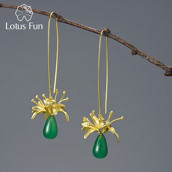 Lotus Fun Natural Gemstone Long inhabituel Red Spider Lily Flower Boucles d'oreilles pour les femmes 925 Silver Silver Luxury Fine bijoux 240419