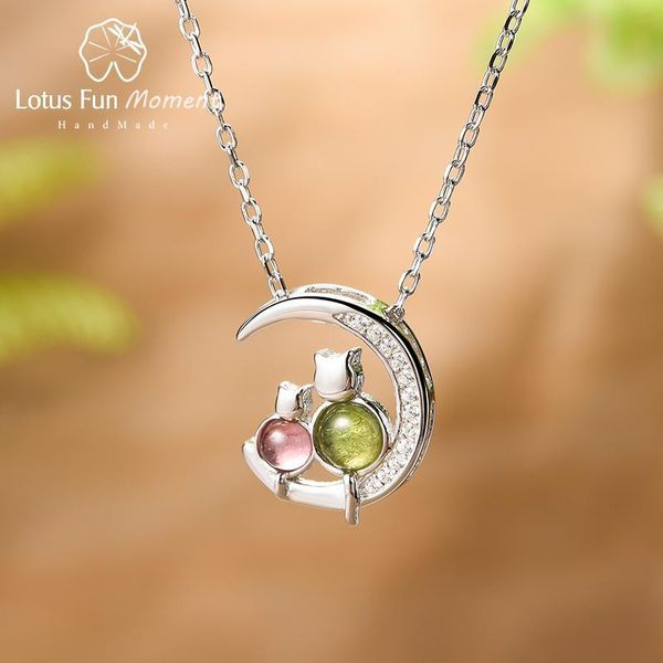 Lotus Fun Tourmaline Natural Tourmaline Gemstones Zircon Mode Chat et Moon Collier Real 925 Sterling Silver Bijoux Fine Bijoux Fine Pour Femmes Q0531