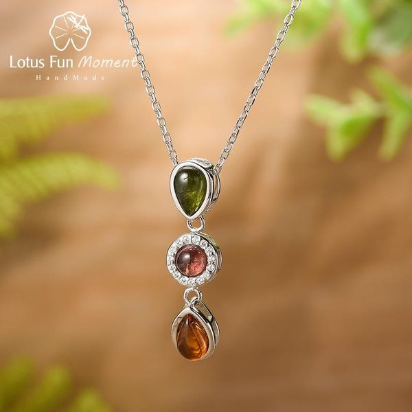 Lotus Fun Naturel Tourmaline Zircon Géométrique Longue Pierres Précieuses Collier Réel 925 Sterling Argent Fine Bijoux Colliers pour Femmes Q0531