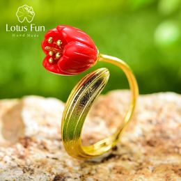 Lotus Fun Anillo de oro de 18 quilates de Plata de Ley 925 auténtica, joyería fina hecha a mano de Coral rojo, anillos de flores de lirio de los valles para regalo de mujer 240106