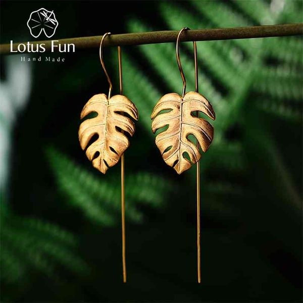 Lotus Fun Plata de Ley 925 auténtica, diseño creativo hecho a mano, joyería fina, pendientes de gota de hojas de Monstera de oro de 18 quilates para mujer, bisutería 210706