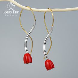 Lotus Fun Real 925 Sterling Silver Handmade Designer Fine Jewelry Ethnic Style Red Rose Flower Dangle Boucles d'oreilles pour les femmes Cadeau 210507