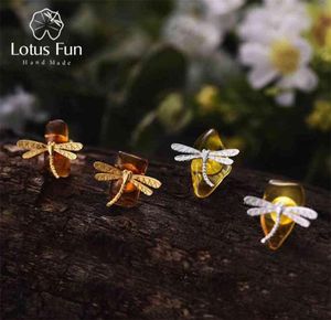 Lotus Fun Real 925 Sterling Zilver Natuurlijke Amber Handgemaakte Fijne Sieraden 18K Goud Leuke Dragonfly Stud Oorbellen voor Vrouwen Brincos 2104590542