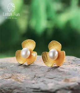 Lotus Fun réel 925 en argent Sterling naturel perle boucles d'oreilles bijoux fins en or 18 carats trèfle fleur Stud pour les femmes Brincos 2106163402297