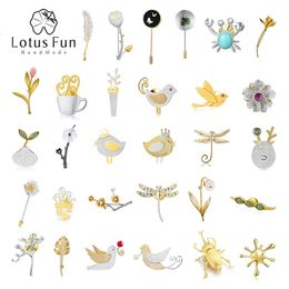 Lotus Fun Real 925 argent sterling trypoxylus dicomus fleur de feuilles broches épingle pour femmes déclaration fine bijoux femelle cadeau 240412