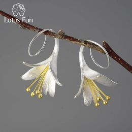 Lotus Fun Ongewone Grote Elegante Mode Bloem Dangle Oorbellen voor Vrouwen Echt 925 Sterling Zilver Verklaring Luxe Fijne Sieraden 240104