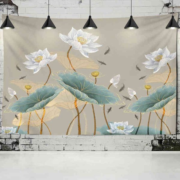 Lotus Goldfish Wall Ruger paysage illustration suspendue bohemian style lune psychédélique mandala décoration intérieure J220804