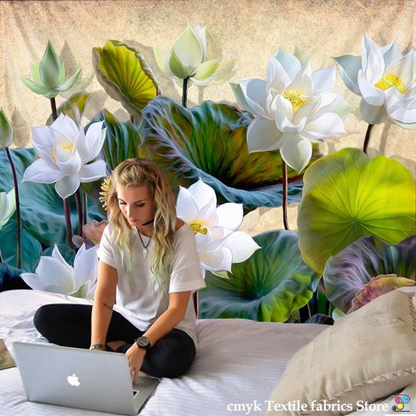Feuille de Lotus Indien Tapisseries Lotus Paysage Fond Tissu Chambre Chevet Tenture Art Tapisserie Rideau Grande Taille 210609
