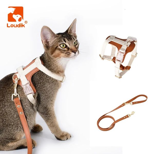 Loudik Fashion Juego de arnés y correa para gato suave, ajustable, personalizado, impermeable, de cuero, para animales pequeños, para mascotas, para caminar al aire libre 240229