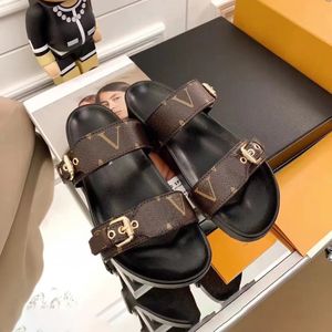 Louies Vuttion Sandal Sandal Sluper Designer Women Sandal Man Zapato Classel Classic Store Doble Store Goldtone Buckles Bom Dia Flat Mule Summer F Luis Viton Lvse Shoe LSQ0