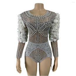 Louiseviution Robe Stage Wear Sparkly Pearl Rhingestone Bodys for Women Birthday Show Cheerleader Body Flower Costume Club de nuit Leotard Zimmerman Robe 902