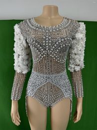 Louiseviution Dress Stage Wear Sparkly Pearl Rhinestone Bodysuits For Women Birthday Show Cheerleader Body Flower Costume Nightclub Tuchardpas Zimmerman Dress 197