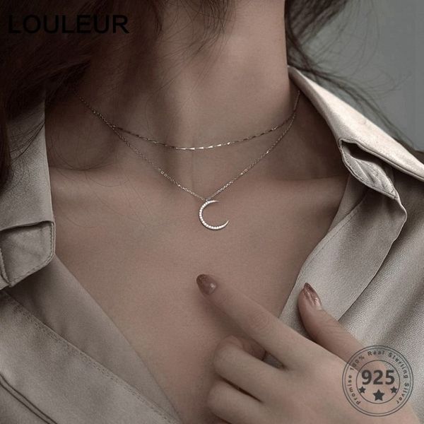 Louleur véritable 925 en argent Sterling lune collier élégant Double couche chaîne en or collier pour les femmes mode luxe bijoux fins 09291u