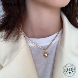 Louleur echte 925 sterling zilveren parel hart ketting elegante minimalistische choker parel ketting voor vrouwen luxe fijne sieraden Q0531