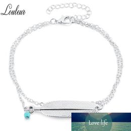 LouleurGold Couleur Bohème Feuille Plume Cheville Pour Les Femmes 26cm Long Bleu Perles Chaîne Cheville Bracelet Pieds Nus Sandale Pied Bijoux