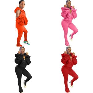 Lounge Wear Leggings empilés Deux pièces Survêtements Sexy Hors épaule Manches bouffantes Dos nu Haut à capuche avec pantalon Survêtement Tenues Femmes