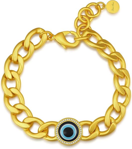 LOVE BEAR Bracelet chaîne à maillons cubains avec breloque mauvais œil, zircone cubique 5A et or véritable 18 carats, bijoux exquis pour hommes et femmes