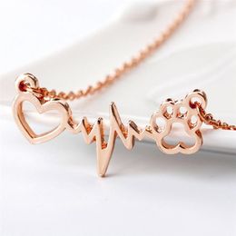 Amour ours patte chien empreinte ECG coeur battement collier femmes Bling clavicule chaîne bijoux cadeau 295a