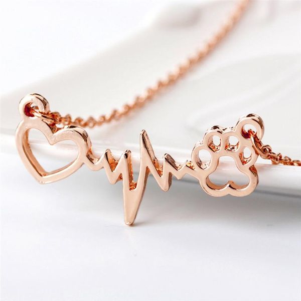 Amour ours patte chien empreinte ECG coeur battement collier femmes Bling clavicule chaîne bijoux cadeau 270I