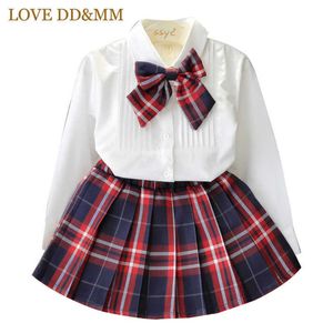 Liefde ddmm meisjes sets herfst kinderkleding meisjes college wind lange mouw boog dames shirt + plaid rok suit 210715