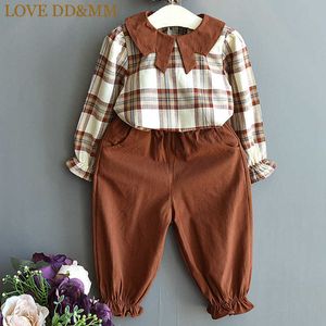Liefde ddmm meisjes sets lente kinderkleding meisjes casual plaid lang-mouwen shirt + elastische broek tweedelige pak 210715