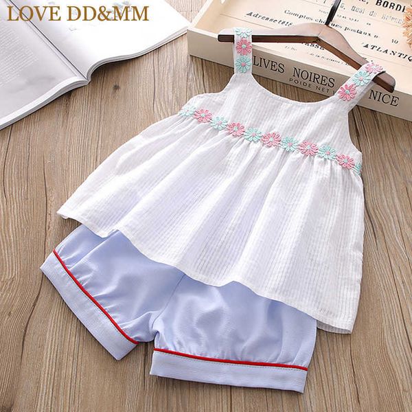 Love Ddmm Girls Sets Summer Children's desgaste Chicas Silver Silver Wire Strap Chalt Tops + Flower Shorts Traje de dos piezas 210715