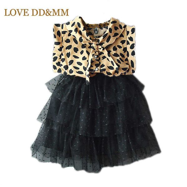 LOVE DDMM Filles Ensembles Été Vêtements pour enfants Filles Mode Dentelle Manches Léopard Imprimé Col Chemise + Gâteau Maille Jupe Ensemble 210715