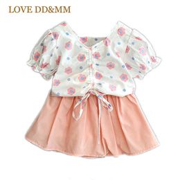 Liefde ddmm meisjes sets zomer schattige bloem katoen korte mouw t-shirts rokken pak voor kinderkleding outfits kostuum 210715