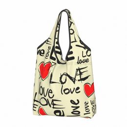 Love Doodle Heart Sacs fourre-tout pliants pour femmes Hommes Sac de supermarché Sac à main portable Sac d'épicerie réutilisable pour l'extérieur 05GW #