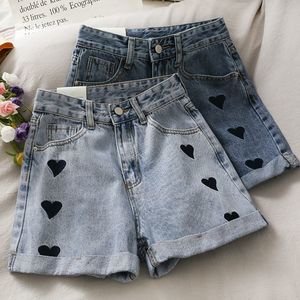 Pantalones cortos de mezclilla bordados de amor para mujer de verano de cintura alta sueltos finos que combinan con todo A-line pantalones de pierna ancha 210507