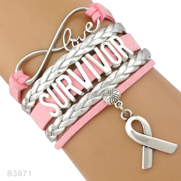 Love Faith Believe Hope Ruban Priez pour le cancer du sein suce la sensibilisation Combattant Survivant Bracelets en cuir rose pour femmes 1293D