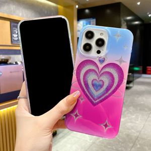 Coque de téléphone en poudre pailletée dégradée Love Heart pour iPhone 14 Plus 13 11 12 Pro Max, couverture de luxe avec revêtement double face et antichoc 1 pièces