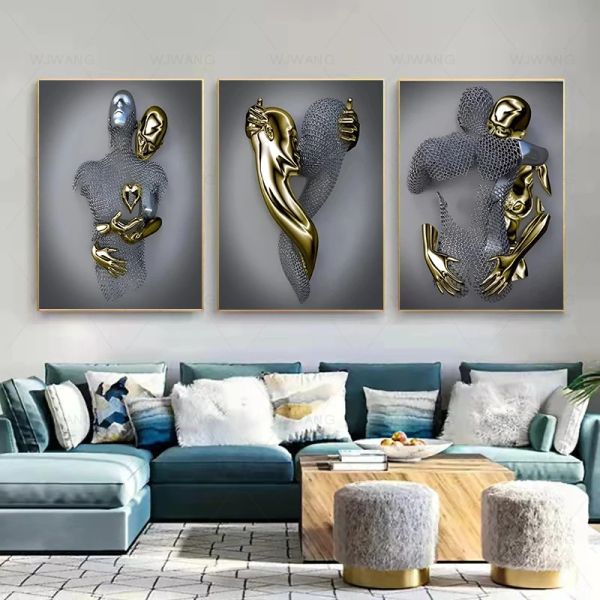 Love Heart Metallic Wall Art Canvas Peinture 3D Effet, étreignant des affiches de couple et imprimés Embrassing Art pour le salon DÉCOR HOME