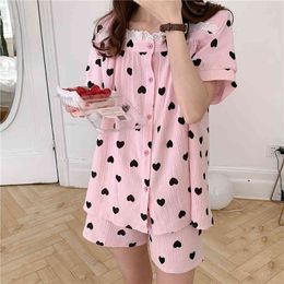 Amour coeur imprimé pyjamas ensemble femmes 2 pièces ensemble coton vêtements de nuit d'été costume à la maison simple boutonnage cardigand pijama court Y651 x0526