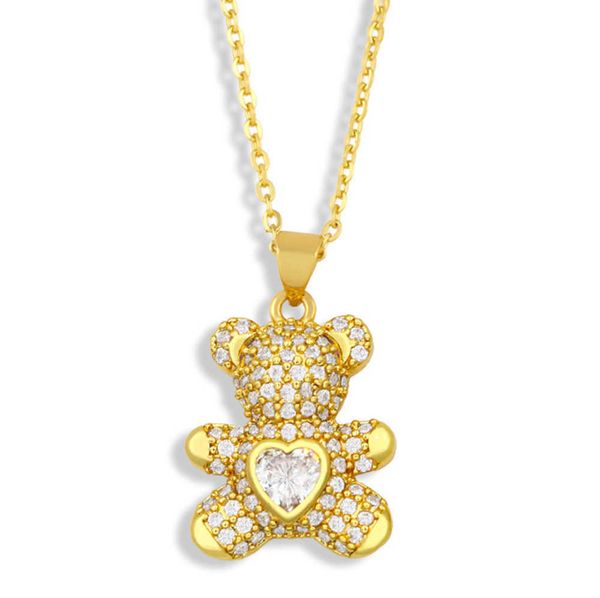 Amour Coeur Teddy Bear Colliers Plaqué Or 18K Glacé CZ Pendentif Mode Fête Bijoux Cadeau Femmes Cubique Zircone Strass Ani6226786