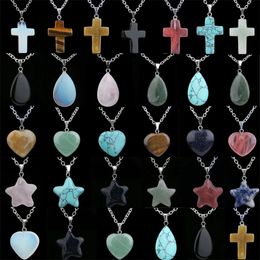 Love Heart Water Drop Natural Crystal Stone Cross Star Pendant Tiger Eye TurQuises Collier Collier pour femmes