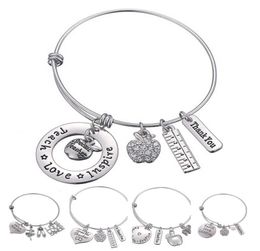 Love Inspire Teach White Crystal Apple Ruler Bracelet Bracelet en acier inoxydable Pendant Bangle Jewelry Gift Teacher Friend DLH2049546720