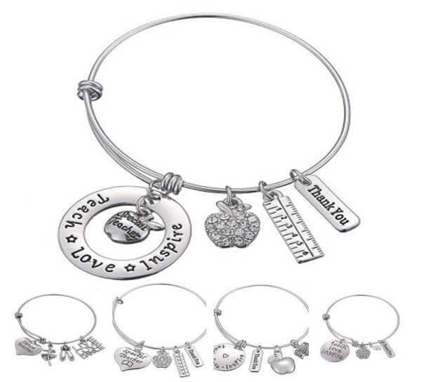 Love Inspire Teach-pulsera con regla de manzana de cristal blanco, brazalete con colgante de acero inoxidable, regalo de joyería, profesor, amigo, DLH2049795276