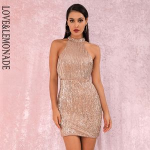 LOVELEMONADE or Rose Sexy dos ouvert licou épaule sèche mince élastique Sequin Mini robe de soirée LM80492MINI 220507