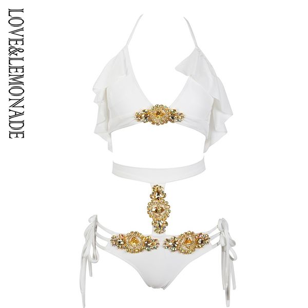 LOVELEMONADE blanc strass ornement décoration découpé deux pièces plage BIKINI LM81075 210305